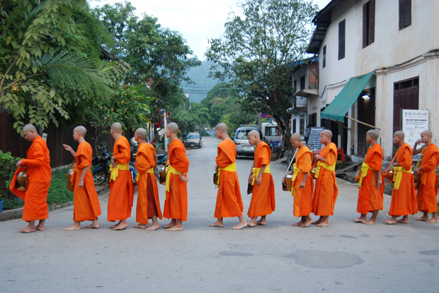 Monks lining up for morning alms in Luang Prabang