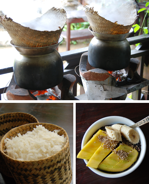 Sticky rice, at the very heart of Lao food. At mealtime, it's always served in a cylindrical bamboo container (it helps to stop the rice from drying out). Boiled in coconut milk and sugar and topped with fruit, it makes for a simple but divine dessert.